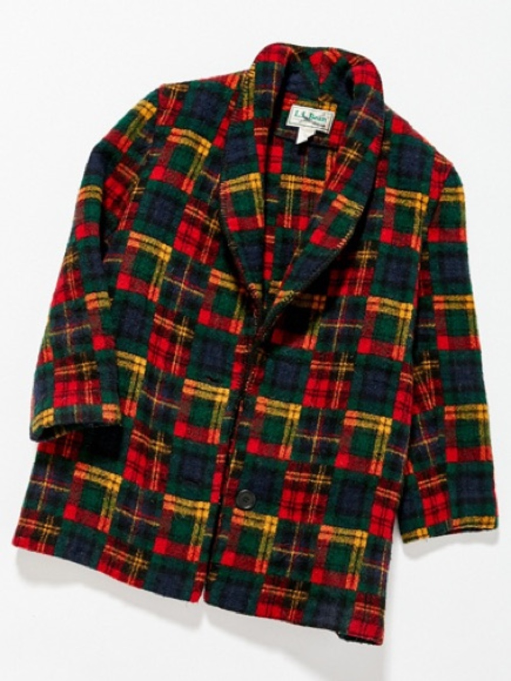 L.L. Bean Vintage Wool Tartan Madras Plaid Coat Oversized Shawl Collar Large